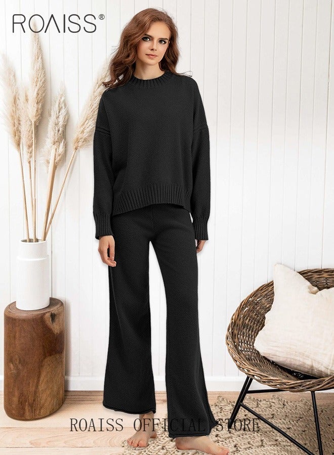 رويس ملابس نسائية من قطعتين، بدلة محبوكة كبيرة الحجم مع سترة بولوفر وسروال واسع الساقين، طقم مريح للسيدات، مناسب للارتداء اليومي أو في المنزل أو في أي مناسبة غير رسمية - Image 5